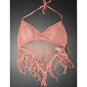 Sans Souci Pink Crochet Knit Longer Bikini Top Padded‎ Bra Back Tie